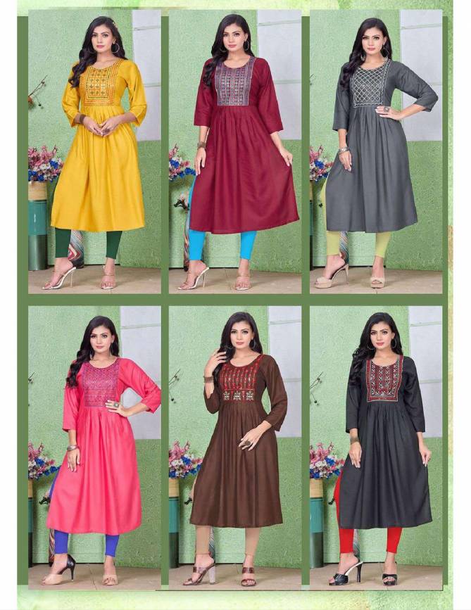 Trendy Chicago Vol 2 Rayon Sequence Work Naira Cut Kurti Catalog
